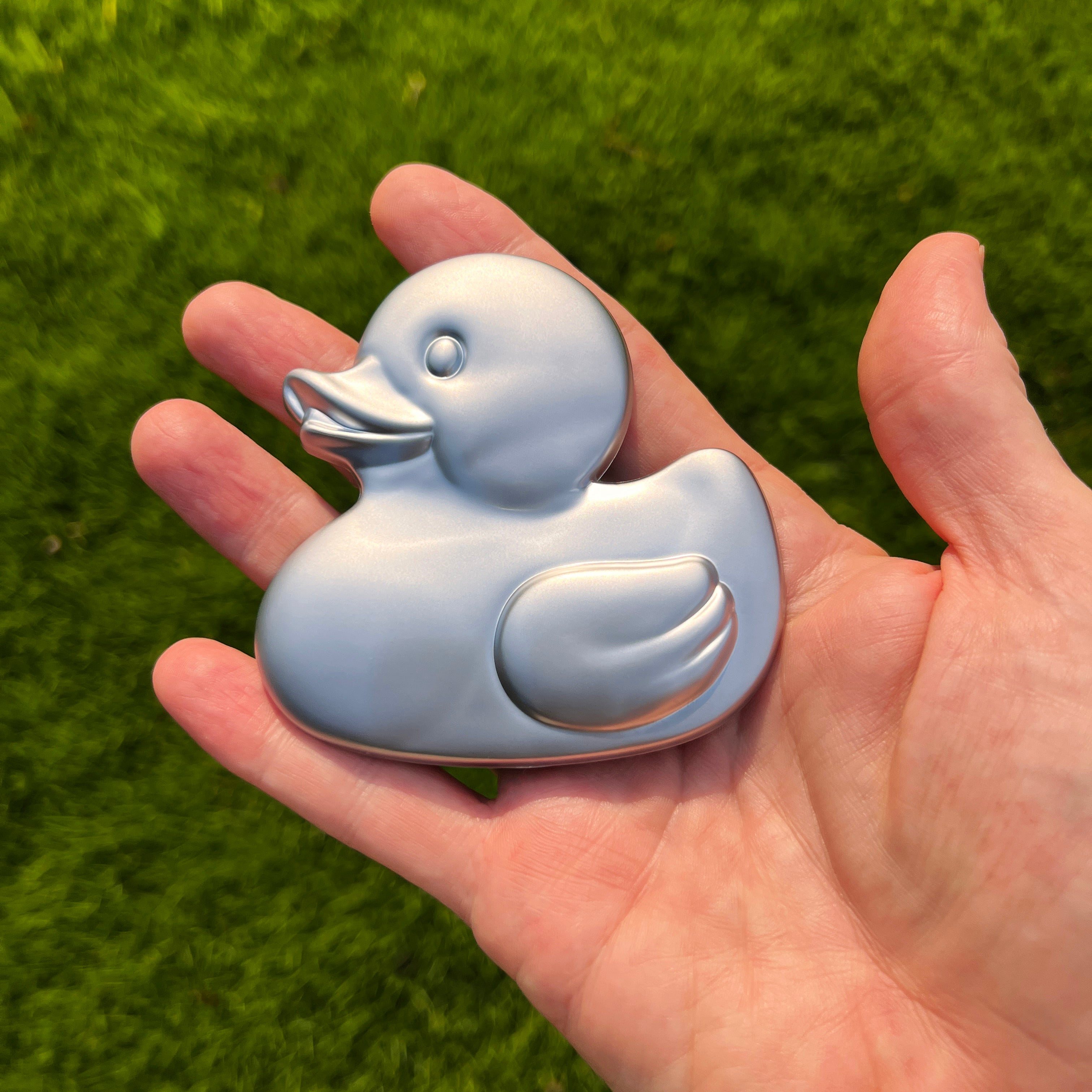 Matte Chrome rubber duck car badge – durable ABS plastic with 3M adhesive, safe for vehicle paint. Weather-resistant emblem fits Jeep, laptop, cooler, or any flat surface. Chrome decal for outdoor and automotive use.