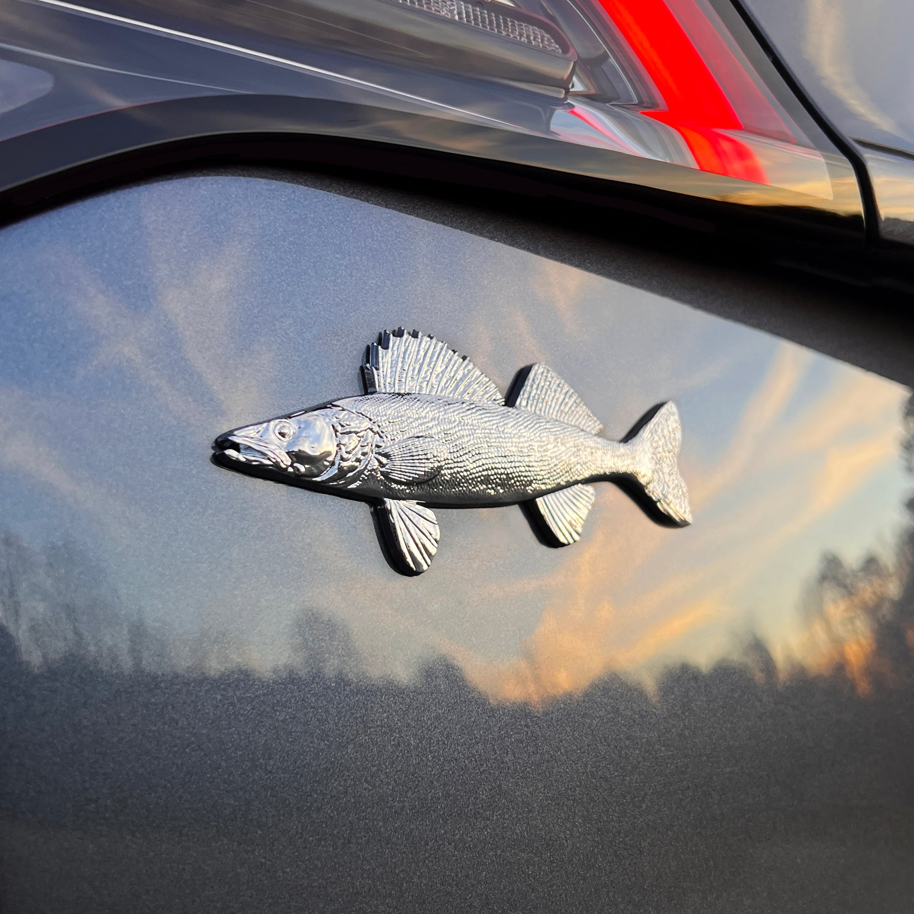 the WALLEYE BADGE - Grateful Fred - Badge - a premium chrome-plated emblem featuring raised scale and fin detailing, mounted on the back of a dark car. The sunset sky reflects softly on the car’s surface, highlighting the badge’s shine and texture.
