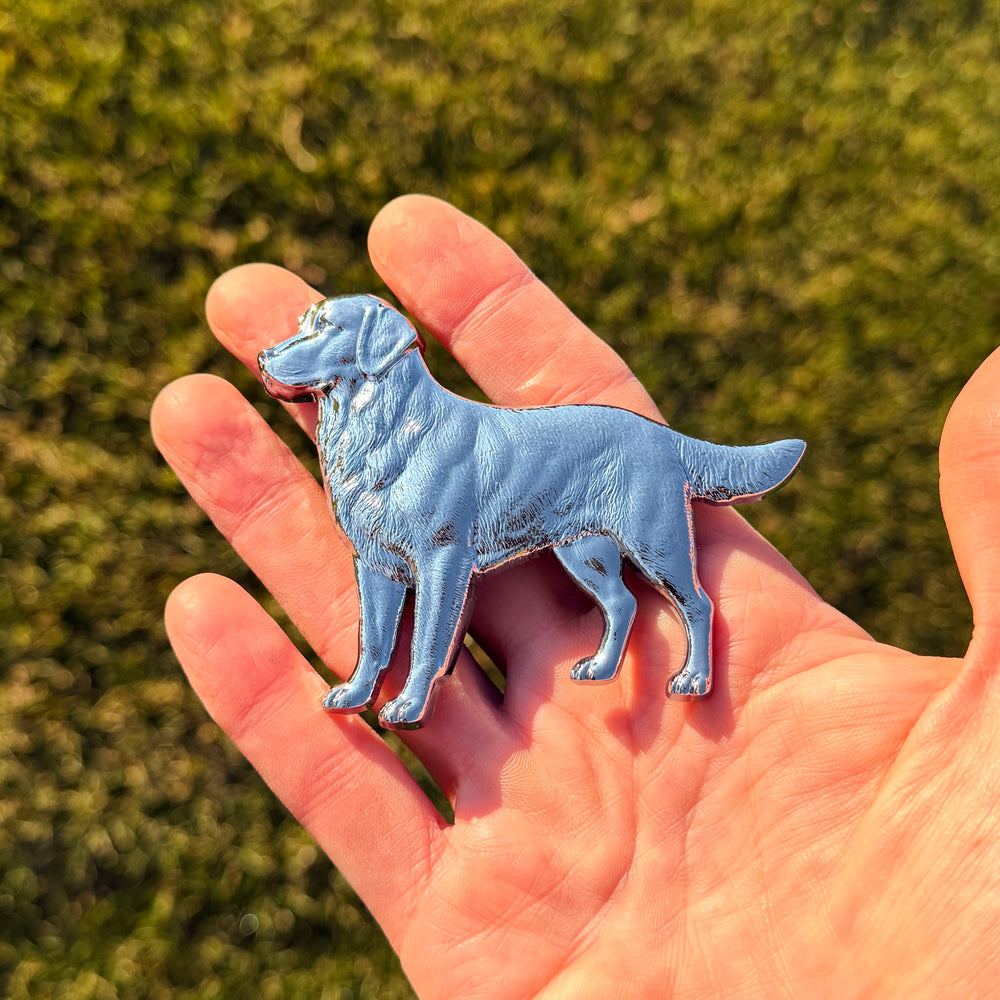 A chrome plated Golden Retriever badge held in a hand